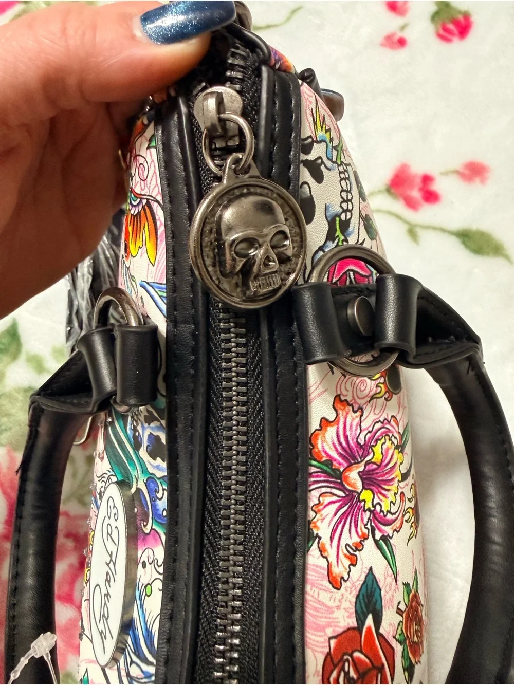 Ed Hardy Pink Floral & Skull Tattoo-Print Satchel with Black Trim